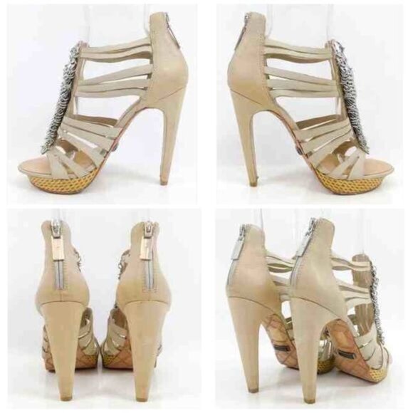 VTG RARE L.A.M.B. Leather Strappy Silver Coin Platform Sandals Heels | Mob Wife - Picture 12 of 15